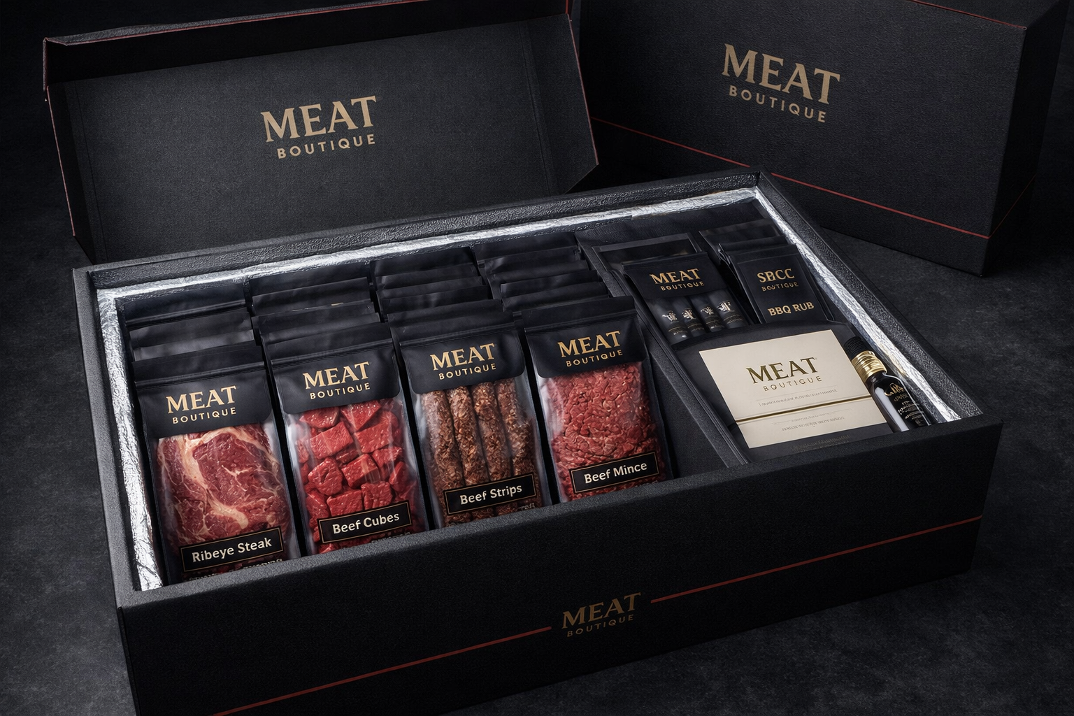 Meat Boutique Signature Collection - Premium vacuum-packed beef cuts with signature box, spice rubs, and welcome card on dark surface