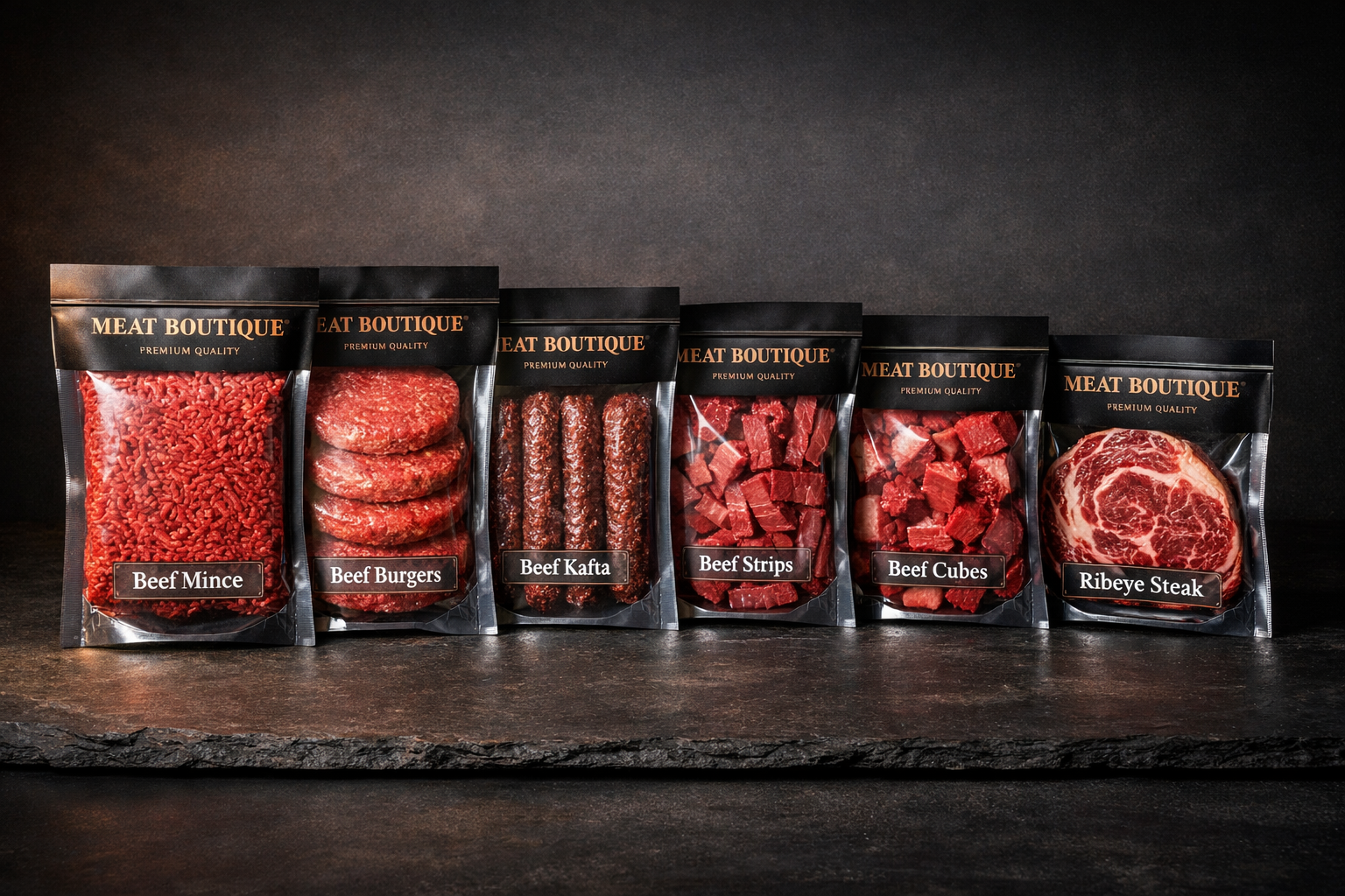 Meat Boutique complete product lineup - Beef Mince, Beef Burgers, Beef Kafta, Beef Strips, Beef Cubes, and Ribeye Steak on dark slate