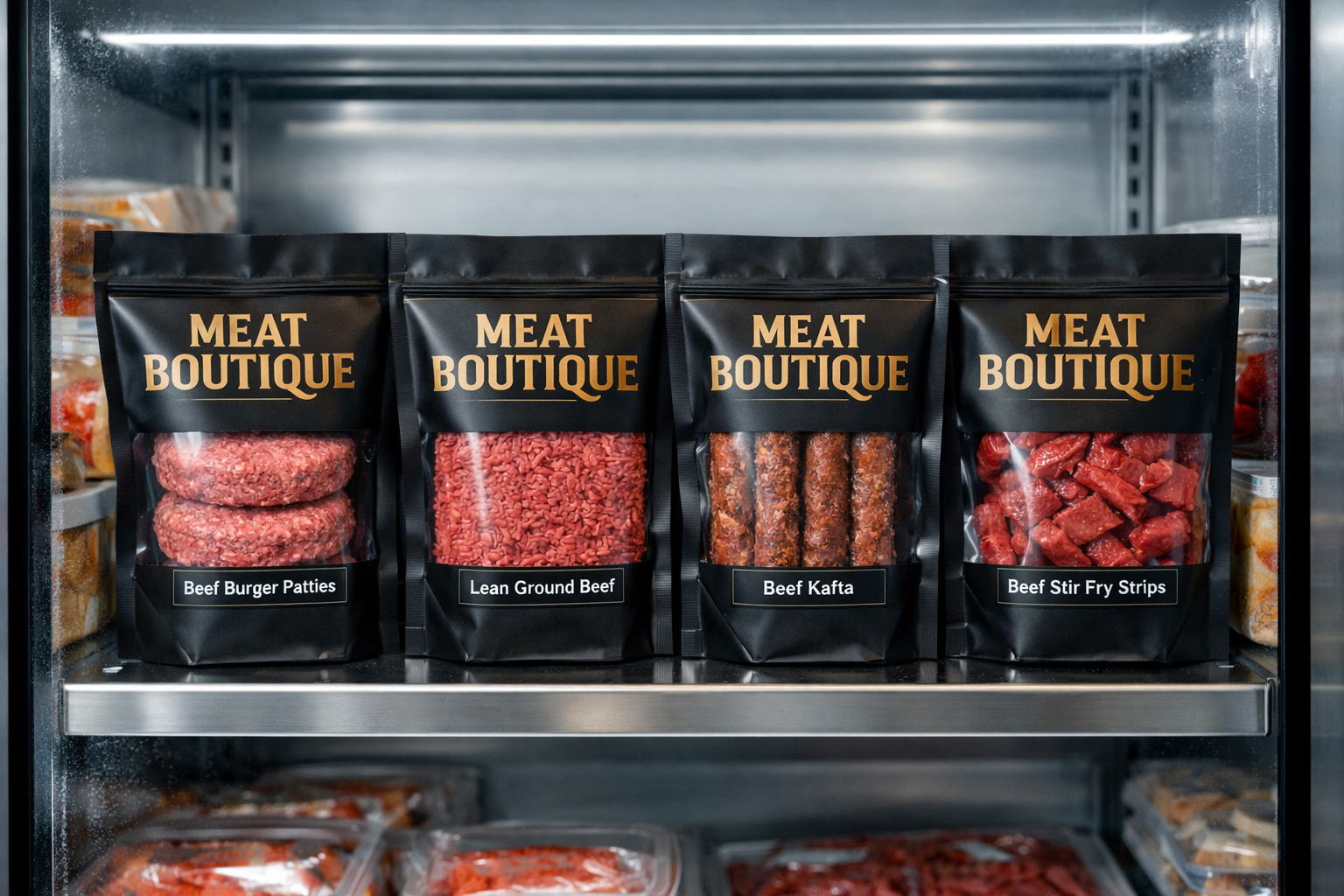 Meat Boutique product lineup on freezer shelf - Beef Burger Patties, Lean Ground Beef, Beef Kafta, and Beef Stir Fry Strips in premium black bags