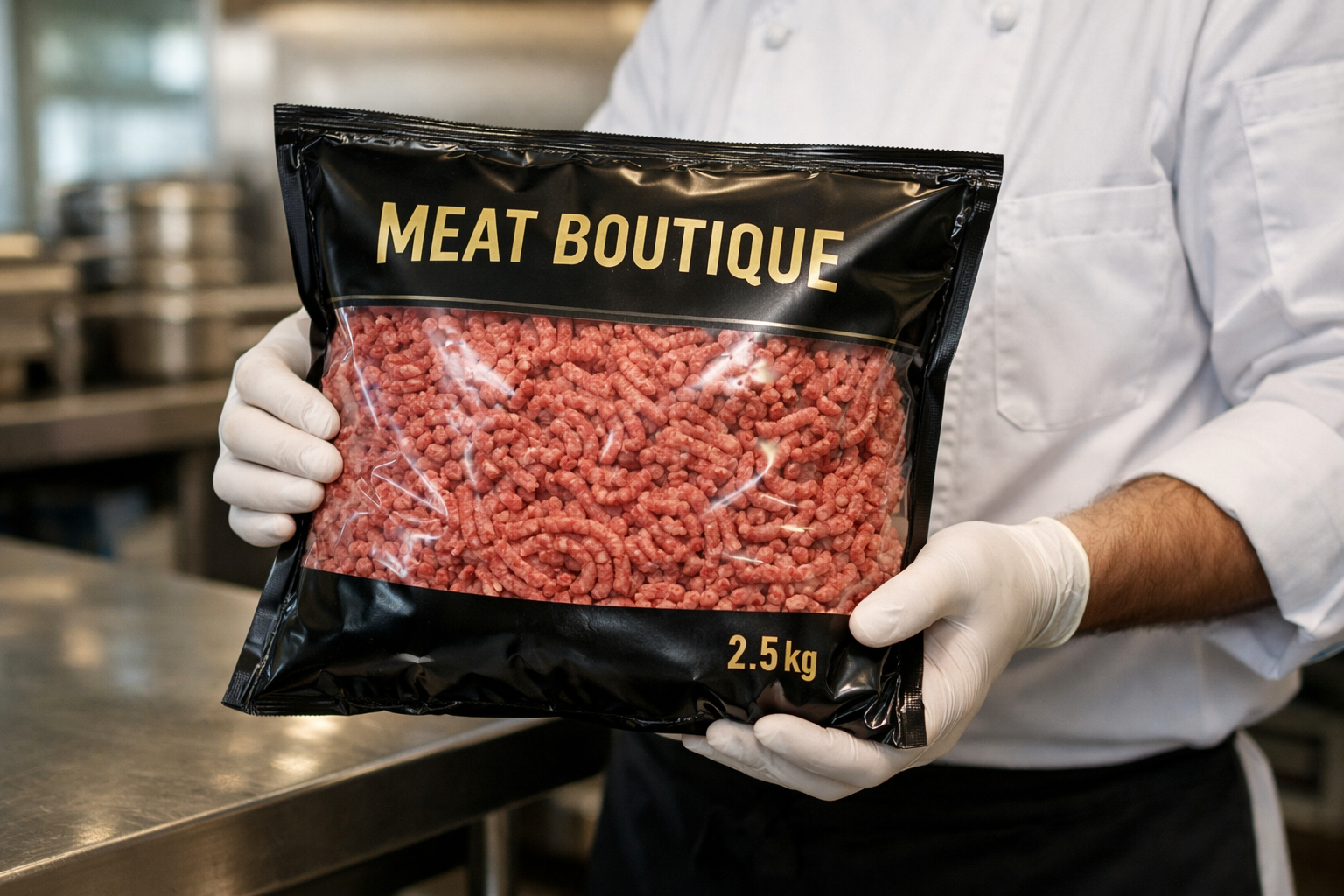 Professional chef holding Meat Boutique 2.5kg bulk pack in commercial kitchen