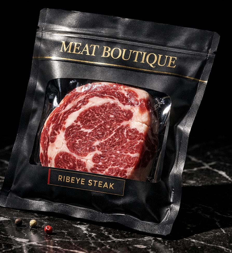 Meat Boutique Ribeye Steak - Premium vacuum-packed ribeye on black marble